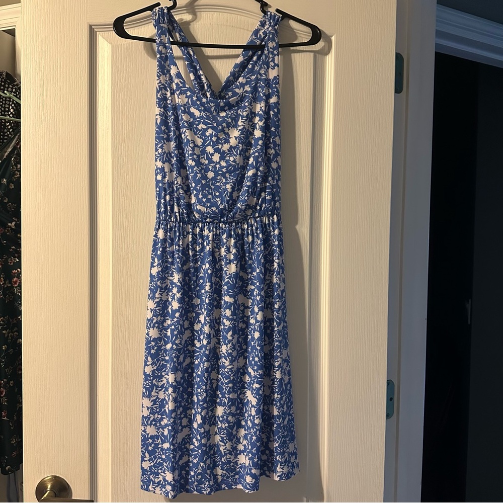 Kaileigh Blue and White Cowl Neck Sleeveless Midi Dress